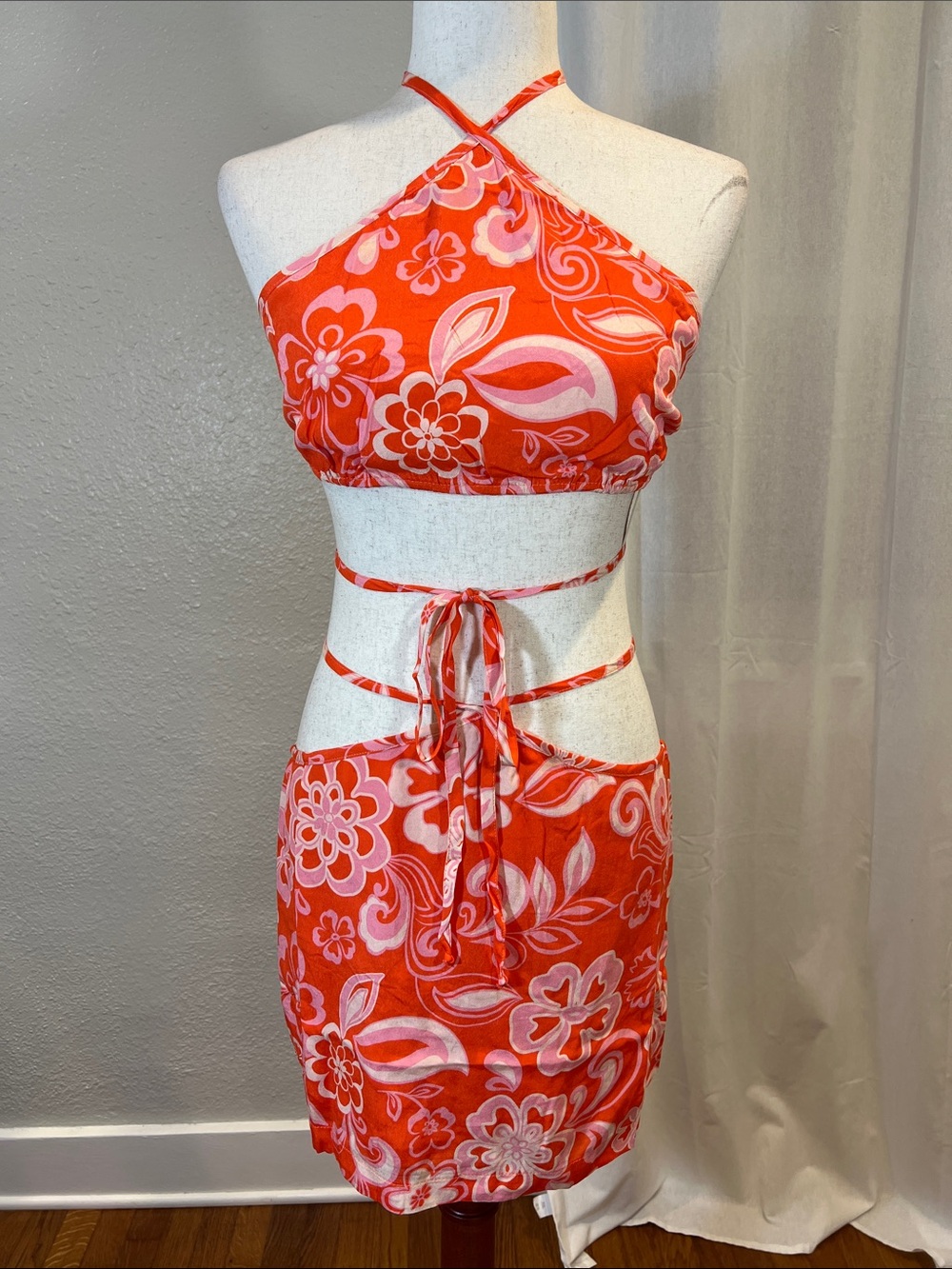 Olivaceous Pink and Red Floral Halter Two-Piece Set